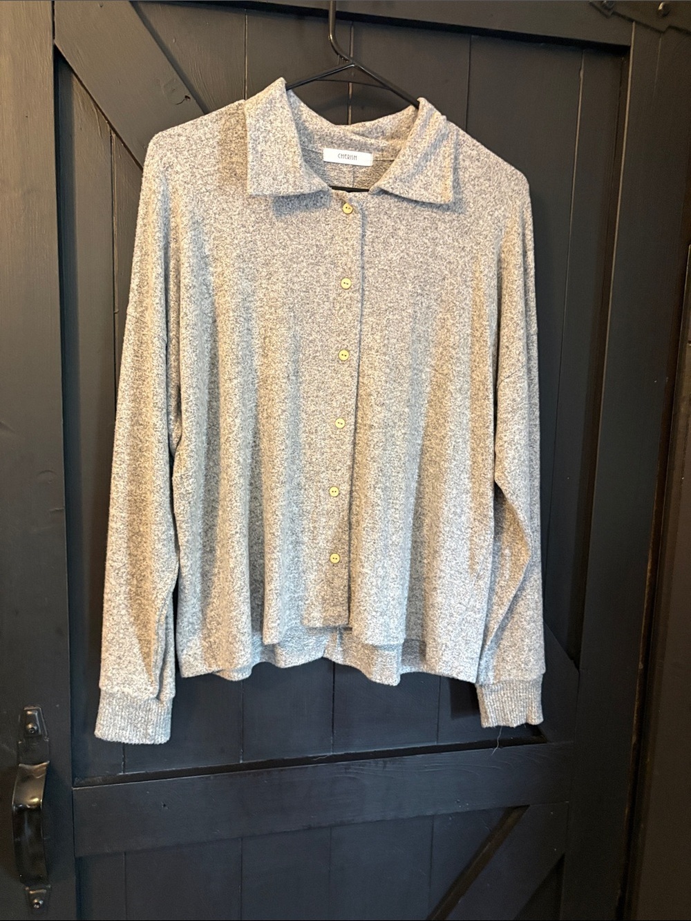 Cherish Heathered Light Gray Button-Front Collared Top